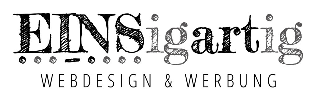 Logo EINSigartig, Text in einer gezeichneten Schriftart das EINS in EINSigartig ist Groß geschrieben mit einer Unterlinie aus Punkten